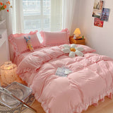 Xpoko New Korean Princess Style Bedding Set For Girls Solid Color Exquisite Ruffle Lace Pink Bed Skirt Duvet Cover Queen Pillow Case