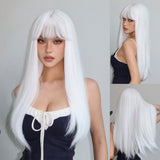 Xpoko Synthetic White Cosplay Wig Long Straight Blonde Wigs with Bangs Party Lolita Hair Wig for Women Heat Resistant Halloween Hair