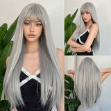 Xpoko Black Straight Synthetic Wigs with Bangs Long Smooth Hair for Women Daily Soft Natural Looking High Temperature Fiber