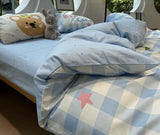 Xpoko  -  Cute cartoon bear blue plaid bedding set single double kid,twin full queen cotton home textile bed sheet pillow case quilt cover