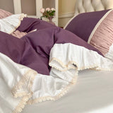 Xpoko Luxury Purple Patchwork Pleat Bedding Set Korean Style 100% Cotton Princess Lace Duvet Cover Bedsheet Bed Skirt Pillowcases