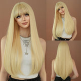 Xpoko Costume Wig High Density Synthetic Long Straight Blonde Wig For Women Heat Resistant Daily Party Cosplay With Neat Bangs