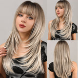 Xpoko Women Blonde Wigs Long Blonde Bangs Dark Root Layered Synthetic Wig For Daily Use Suitable For Fashion Ladies