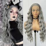 Xpoko Grey Wig Long Loose Curly Synthetic Lace Front Wigs For Women Heat Resistant Hair Natural Hairline Daily Use Light Grey Cosplay