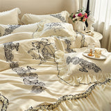 Xpoko  -  Vintage Rose Flower Butterfly Lace Ruffles Princess Bedding Set 100S Egyptian Cotton Quilt/Duvet Cover Set Bed Sheet Pillowcases