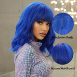 Xpoko Blue Short Bob Cosplay Lolita Synthetic Wigs Water Wavy Hair Wig with Bangs for Women Natural Heat Resistant Halloween Party Use