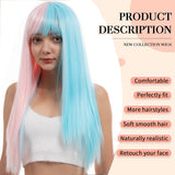 Xpoko Pink /Blue Straight Wig Long Curly Split Wig Black and White Wig with Bangs for Women Fluffy Wavy Heat Resistant Synthetic Wig