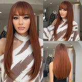 Xpoko Long Straight Synthetic Wigs Light Brown Hair with Bangs Natural Brown Wig for White Women Heat Resistant Daily Party Cosplay