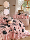 Xpoko French Luxury Faux Fur Warm Bedding Set Princess Style Coral Soft 4 Pieces Bed Sheet Double sided Plush Quilt Cover Fast Ship