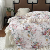 Xpoko  -  100% Cotton Vintage French Pastoral Style Rose Flowers Double Layer Lace Ruffles Bedding Set Duvet Cover Bed Skirt Pillowcases