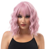 Xpoko Synthetic Pastel Wavy Wig With Bangs Ladies Short Style Pink Wig Role Play Suitable For Girls Daily Use Wig