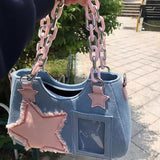 Xpoko back to school Korean Fashion Shoulder Underarm Harajuku Star Tote Denim Bag Chain Ladies Bags Zip Purses Handbags Women 2025 Luxury Square Bag