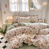 Xpoko 100% Cotton Vintage French Country Small Floral Bedding Set Ruffled Edges Flower Pattern Duvet Cover Set Bed Sheet Pillowcases