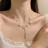 Xpoko Gifts Elegant Water Drop Tassel Pearl Necklace for Women French Exquisite Round Beads Bilayer Choker Y2K Accessories Fashion Jewelry