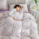 Xpoko  -  Double Yarn 4Pcs French Pastoral Cotton Bedding Sheets Duvet Cover Pink Tulip Flower Comforter Bedding Set Bed Linen 2 Bedrooms