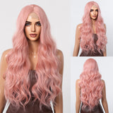 Xpoko Pink Synthetic Women's Front Lace Wig Long Wavy Pink Wigs for Women Afro Cosplay Daily Party High Density Heat Resistant Hair