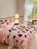 Xpoko French Luxury Faux Fur Warm Bedding Set Princess Style Coral Soft 4 Pieces Bed Sheet Double sided Plush Quilt Cover Fast Ship