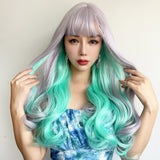 Xpoko Silver White Women's Synthetic Wig Turquoise Green Women's Wig Highlight Dyed Long Curly Hair Full Set Cosplay Party Lolita