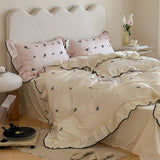 Xpoko Girlish Embroidered Bow Bedding Set 300TC Cotton Queen King Size Lovely Bed Sheet Pillowcase Duvet Cover Set 4pcs with Ruffles