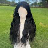 Xpoko Black Female Lace Black Center Split Large Wave Wig 28 inches 13x4 Loose Wave Style Naturally Ventilated Women's Wig