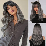 Xpoko Long Wavy Silver Ash Ombre Cosplay Synthetic Wigs Natural Curly Gray Black Hair Wig with Bangs for Women Afro Heat Resistant