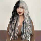 Xpoko Long Wavy Silver Grey Black Highlight Wig 27in Natural Heat Resistant Fiber Synthetic Curly Light Grey Black Ombre Wigs with