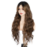 Xpoko Synthetic Lace Wigs Water Wave  28 Inch Brown Chestnut Wig with Bang Lace Wig Ombre Brown Cosplay Wigs For Women Lace Front Wig