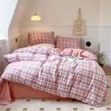 Xpoko  -  New Pink Plaid Quilt Color Woven Washed Cotton Bedding Set of Four Piece Pure Cotton Single Double Single Pillow Case Bedroom