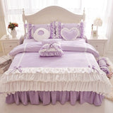 Xpoko Pink Purple Blue Korean Princess Girl Fleece Fabric Bedding Set White Ruffle Bow Duvet Cover Flannel Velvet Bed Skirt Pillowcase