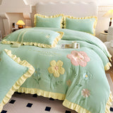 Xpoko - Floral Embroidery Matte Milk Velvet Comforter Cover Bedding Set