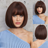 Xpoko Shoulder Length Synthetic Wigs Short Straight Orange Copper Brown Wig with Bangs for Black Women Afro Hair Daily Heat Resistant