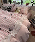 Xpoko  -  Sweet fairyfair pink blue plaid bow bedding set 1.5 1.8,full queen elegant cotton home textile bed sheet pillow case quilt cover