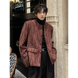 Xpoko Men Winter Outfit Round Collar Tweed Blazers Cardigan Men's Autumn Collarless Short Jacket Korean Style Chic Fashion Elgance Coat Handsome Jackets