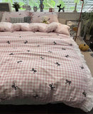 Xpoko  -  Sweet fairyfair pink blue plaid bow bedding set 1.5 1.8,full queen elegant cotton home textile bed sheet pillow case quilt cover