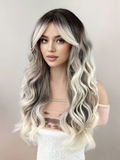 Xpoko Gray Wigs With Air Bangs Long Water Wave Wigs For  Long Curly Wig With Dark Roots Heat Resistant Synthetic Wig