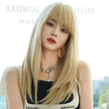 Xpoko Women Blond Wig Synthetic Straight Wig with Bangs Highlight Layered Wigs for Female Daily Heat Resistant Natural Hair