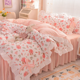 Xpoko Pastoral Style Bedding Set Cotton 3/4pcs Floral Duvet Cover with Pillowcases Cute Flowers Bed Skirtwith Zipper Quilt Cover