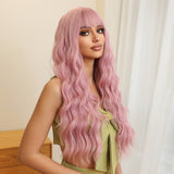 Xpoko Light Pink Curly Wig Synthetic Long Deep Wave Wig with Bangs Halloween Cosplay Party Hair Wigs for Women Heat Resistant Hair