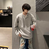 Xpoko Henry collar gray long-sleeved T-shirt men spring and autumn American retro fake two-piece right shoulder sweatshirt heavy base