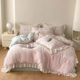 Xpoko New Winter Rose Velvet Bedding Set Romantic Lace Ruffles Comforter Sets Fluffy Milk Velvet Duvet Cover Set Eldense Bed Sheet