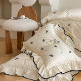 Xpoko Girlish Embroidered Bow Bedding Set 300TC Cotton Queen King Size Lovely Bed Sheet Pillowcase Duvet Cover Set 4pcs with Ruffles