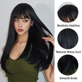 Xpoko Synthetic Long Straight Black Natural Hair Wig With Fluffy Bangs for Women Afro Cosplay Party Daily Wig Heat Resistant Fibre