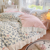 Xpoko Lovely Princess Flower Print Ruffles Bedding Set 100% Cotton Cute Girls Duvet Cover Set with Bed Sheet Kawaii Bedding Sets Soft