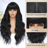 Xpoko Black Wig with Bangs for Women Long Black Wavy Wigs 26 Inch Natural Black Wigs Natural Looking Heat Resistant Synthetic Wig