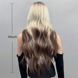 Xpoko Blonde Wig With Bangs Long Wavy Curly Ombre Wig with Dark Root Synthetic Heat Resistant Wigs for Women Daily Party Use 32Inch