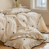 Xpoko Girlish Embroidered Bow Bedding Set 300TC Cotton Queen King Size Lovely Bed Sheet Pillowcase Duvet Cover Set 4pcs with Ruffles