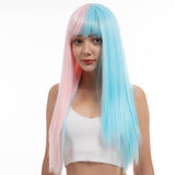 Xpoko Pink /Blue Straight Wig Long Curly Split Wig Black and White Wig with Bangs for Women Fluffy Wavy Heat Resistant Synthetic Wig