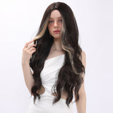 Xpoko 32-inch long brown curly wig hair cover, gold highlights, high-temperature silk material, personalized daily style