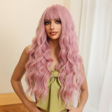 Xpoko Light Pink Curly Wig Synthetic Long Deep Wave Wig with Bangs Halloween Cosplay Party Hair Wigs for Women Heat Resistant Hair