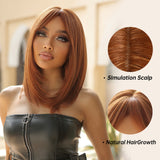 Xpoko Shoulder Length Synthetic Wigs Short Straight Orange Copper Brown Wig with Bangs for Black Women Afro Hair Daily Heat Resistant